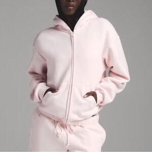 skims cotton fleece classic zip up hoodie barely pink